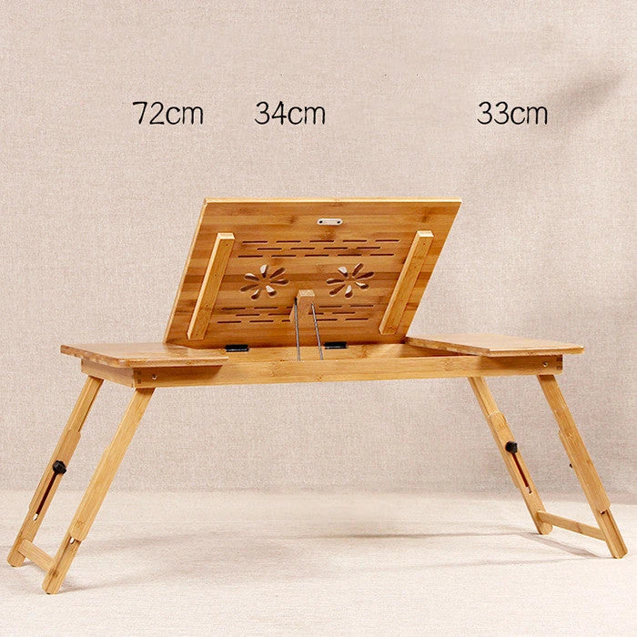 Foldable laptop bed desk with storage drawers and small fan, made from natural bamboo
