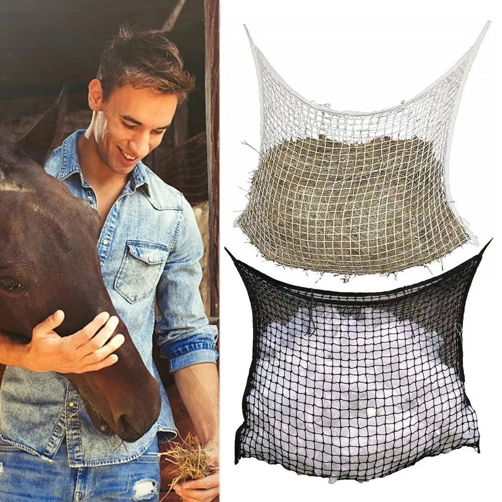 Black woven grid horse feeding bag hanging on a fence