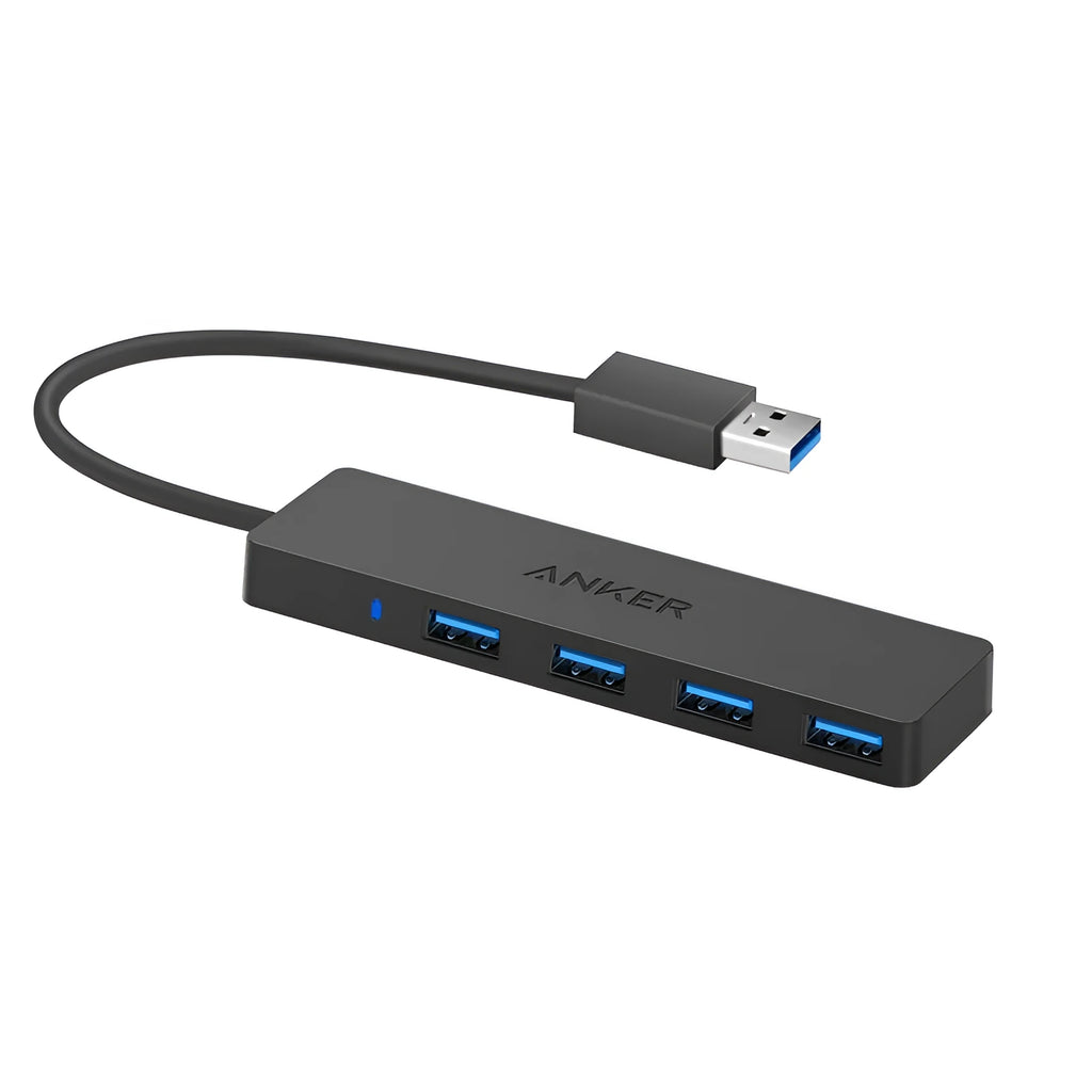 Black Anker 4-port USB 3.0 hub with 20cm cable showing compact 30x107mm dimensions