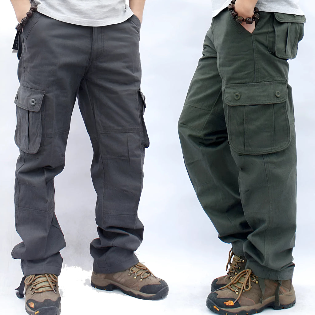 Multi-pocket cotton workwear trousers for men in army green colour, straight leg cut