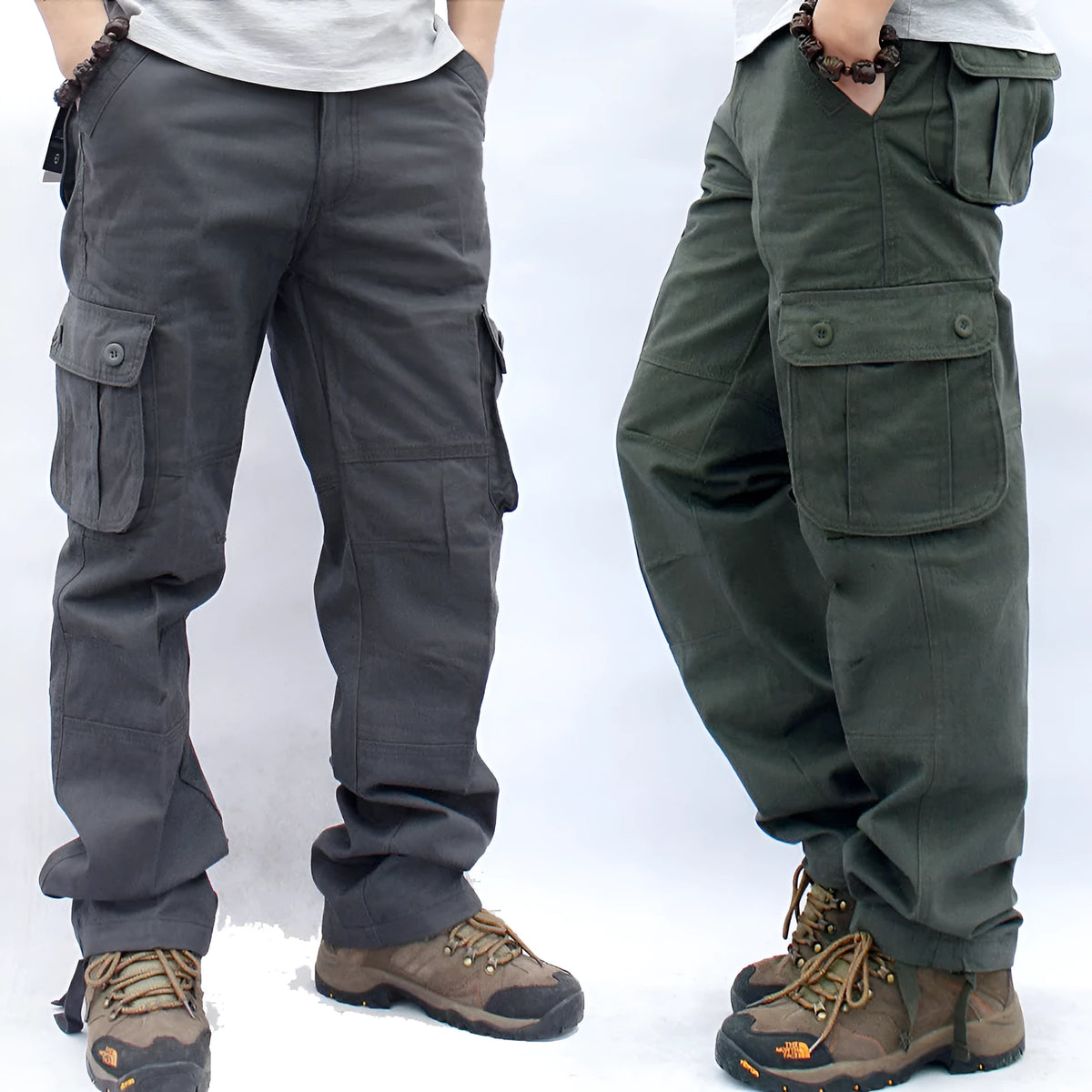 Multi-pocket cotton workwear trousers for men in army green colour, straight leg cut