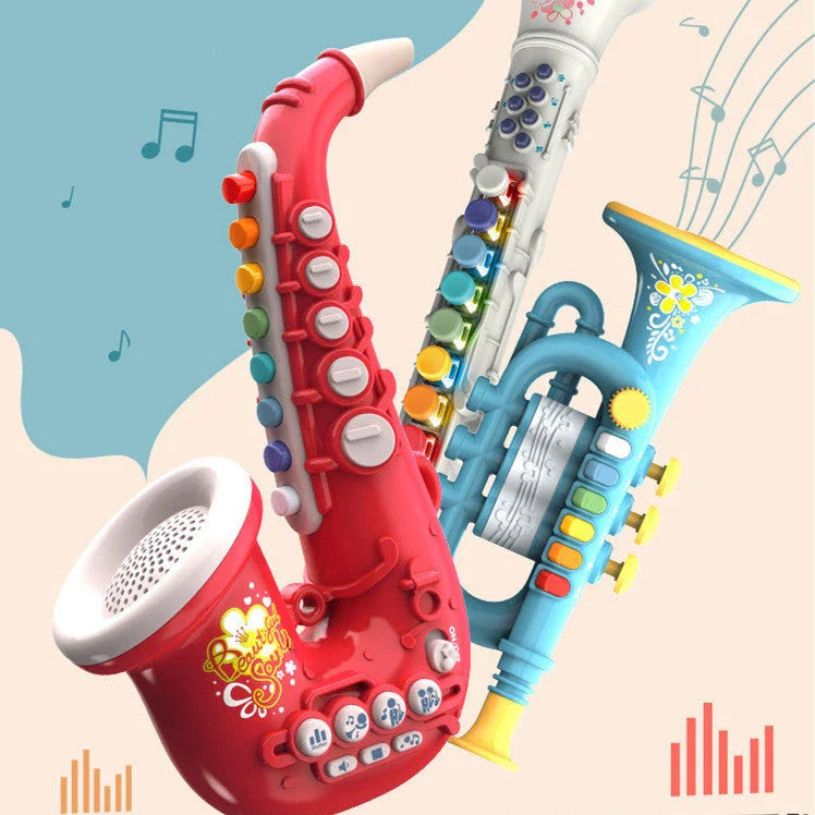 Simulation musical instruments including saxophone, trumpet, and clarinet in various colors with adjustable volume and LED lights