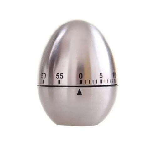 Stainless steel mechanical kitchen timer with egg-shaped design showing 60-minute dial