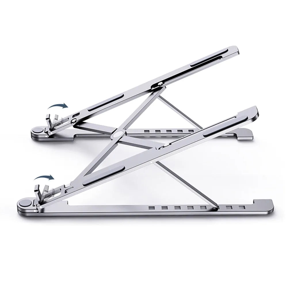 Foldable aluminium laptop stand in silver colour supporting a laptop, shown in open and closed positions.