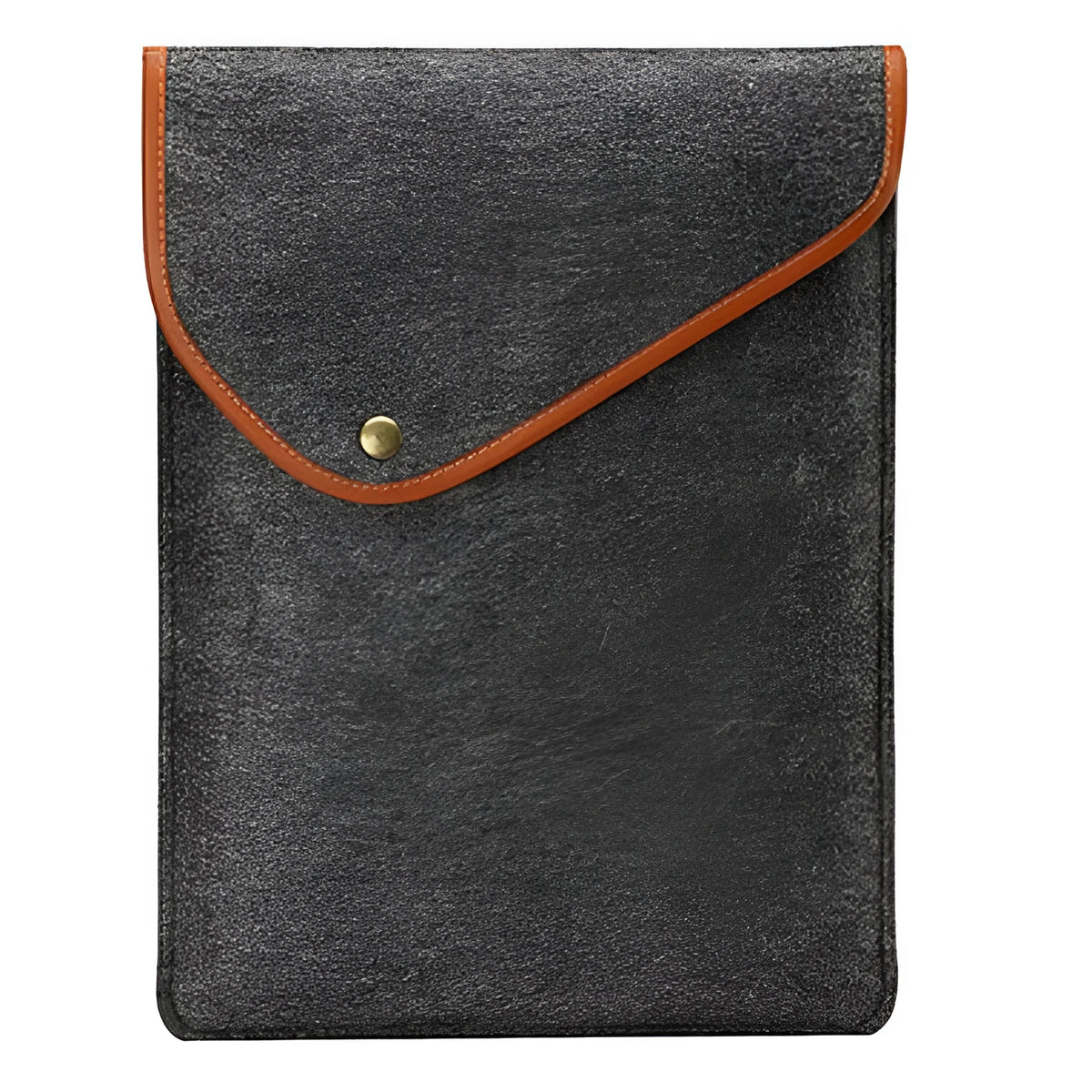 Flat felt bag computer bag in dark grey with magnetic buckle closure on a flat surface