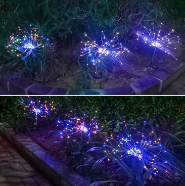 Solar-powered string lights with fireworks-inspired lighting effects, perfect for outdoor gardens, patios, and parties