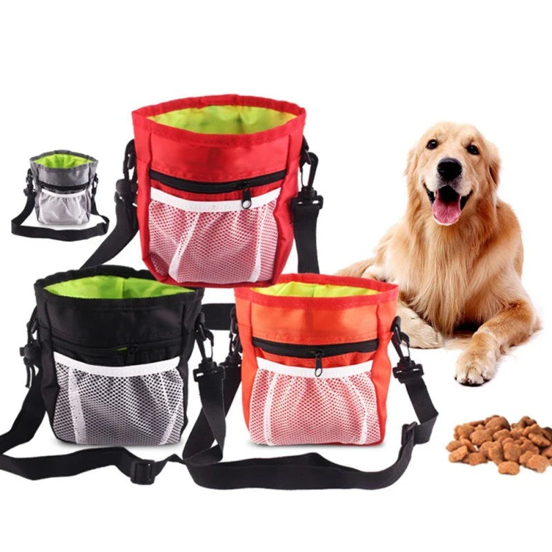 Drawstring pocket dog treat pouch with adjustable belt in red and black