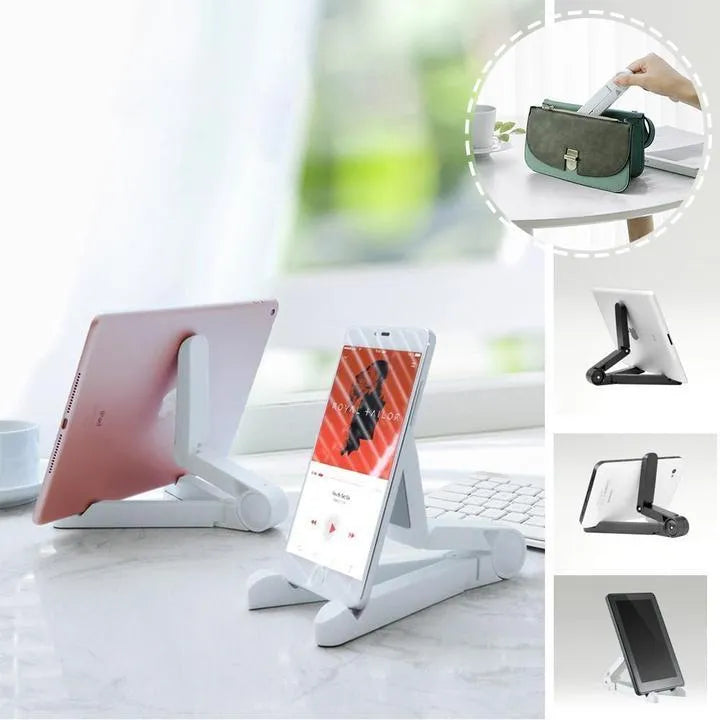 Black foldable tablet holder supporting a tablet in landscape viewing position on a desk