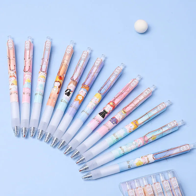Six constellation-themed 0.5mm press gel pens with zodiac designs in plastic shells