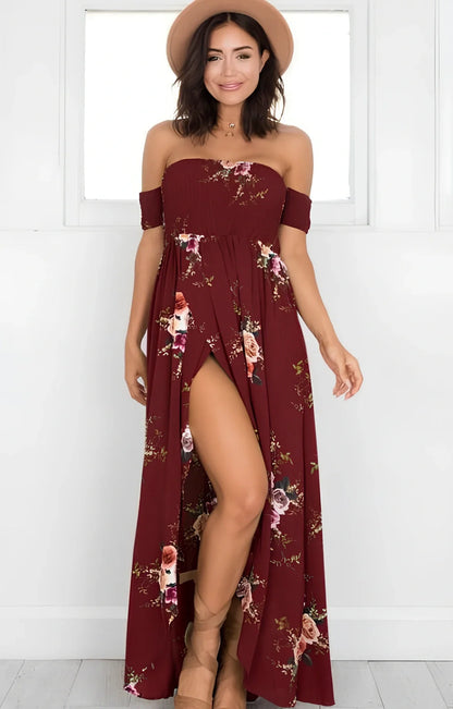 Women's boho off-shoulder summer dress in stretch fabric with beach-ready design