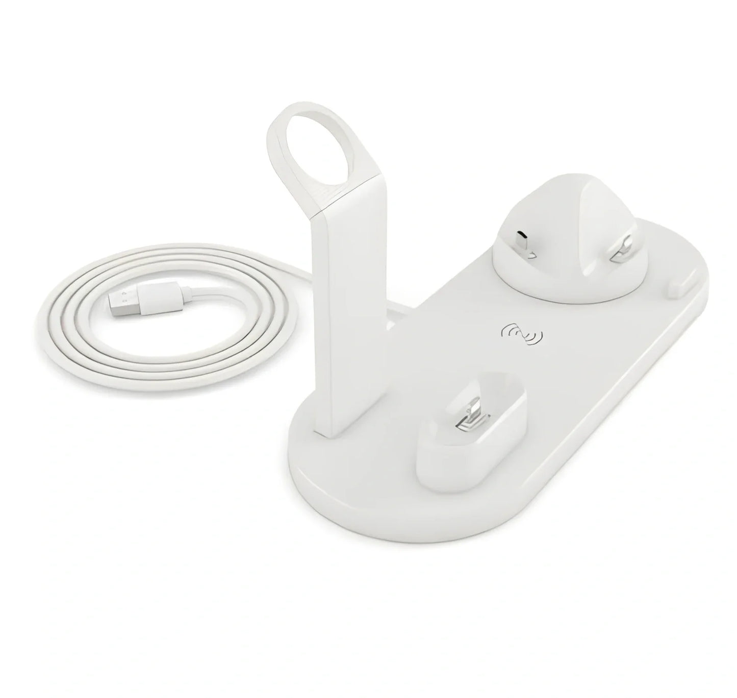 4-in-1 AirPods charging dock with wireless charging pad, Apple Watch charger, and USB port