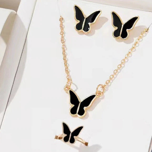 5-piece butterfly pendant jewellery set for women, including necklace, earrings, ring, and bracelet in various colours