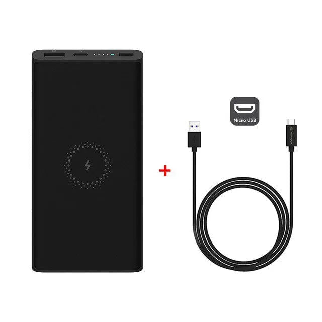 White or black 10000mAh power bank with USB port and wireless charging for tablets and phones.