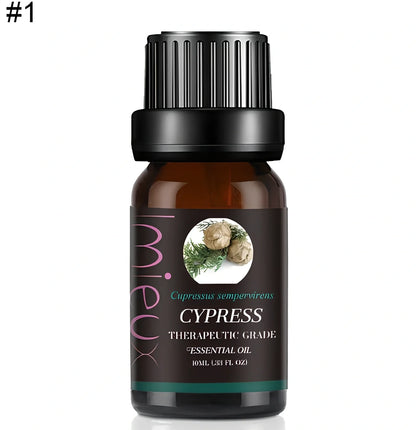 10ml dark glass bottle of therapeutic essential oil blend with lavender, citrus, and mint oils