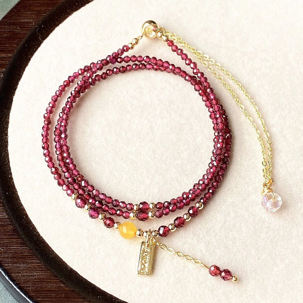 Wine red garnet bracelet necklace with beeswax cut surface texture on 2.5mm beads
