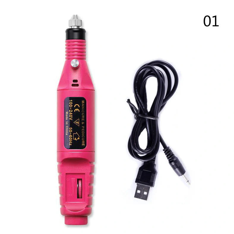 Pink USB-charging electric nail drill machine with 6 grinding heads and power cord