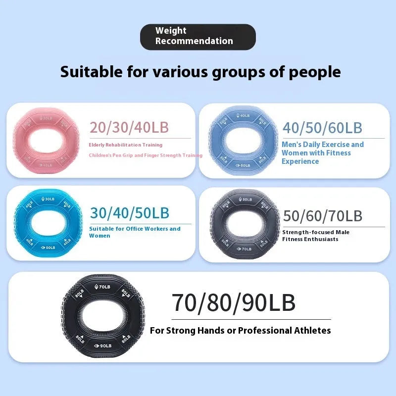 Silicone grip ring hand exerciser in grey with 20-30 pound resistance for finger and grip training