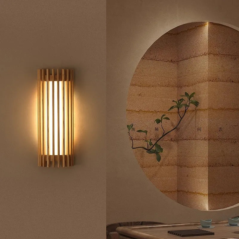 New Chinese style walnut wall lamp with wood art finish in a living room setting
