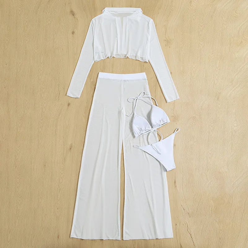 White women's 4-piece swimsuit set with high-waisted trousers and backless top
