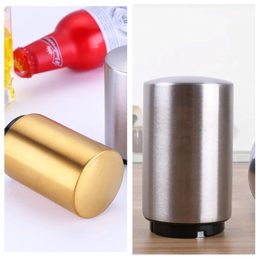 Stainless steel magnetic beer bottle opener with brushed metal finish