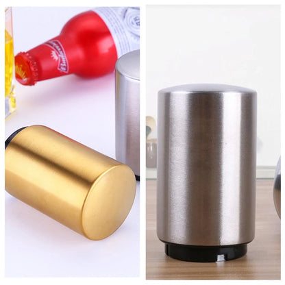 Stainless steel magnetic beer bottle opener with brushed metal finish