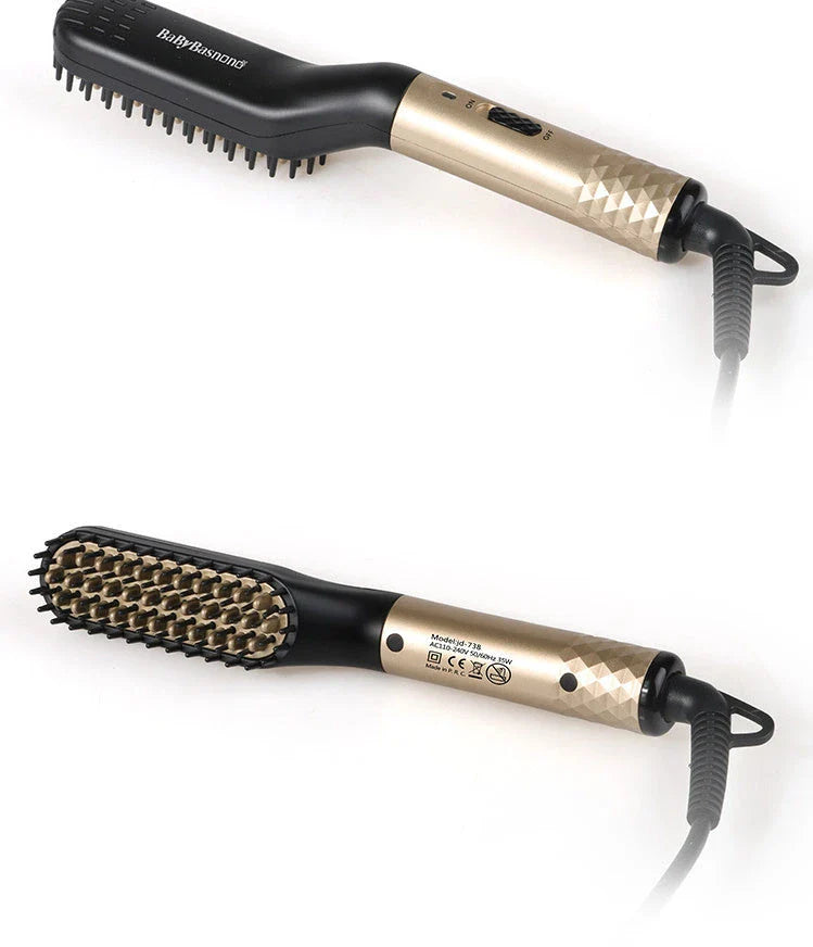 Versatile hair straightener brush with MCH heating technology, ceramic teeth, and two temperature settings for the modern Kiwi man