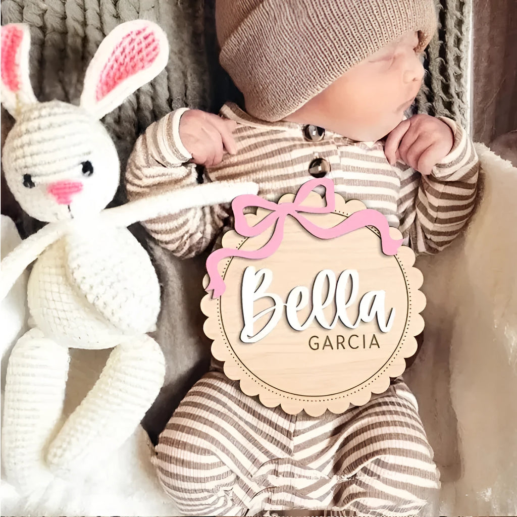 Square wooden ornament with custom name text for baby room or party decoration