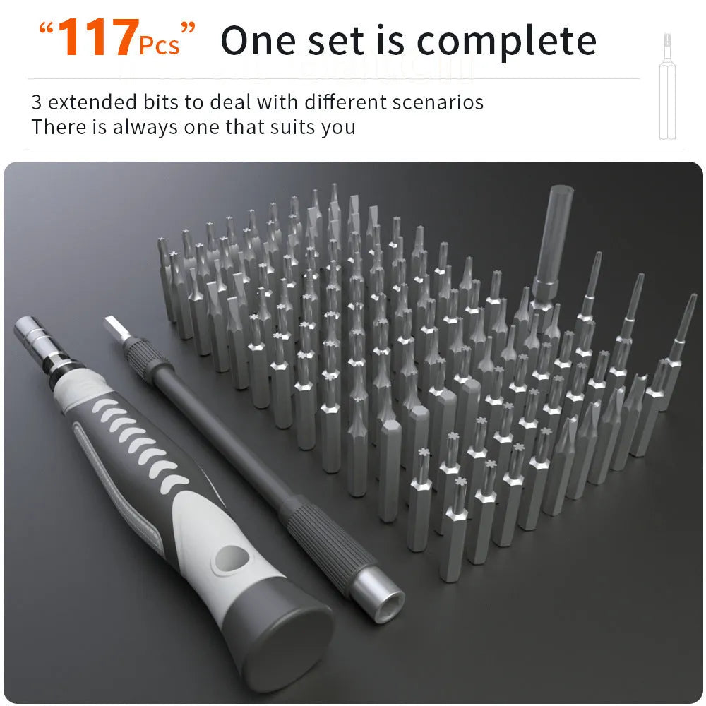 130-in-1 precision screwdriver tool set in orange and blue compact storage case with CRV steel bits and PPC handle