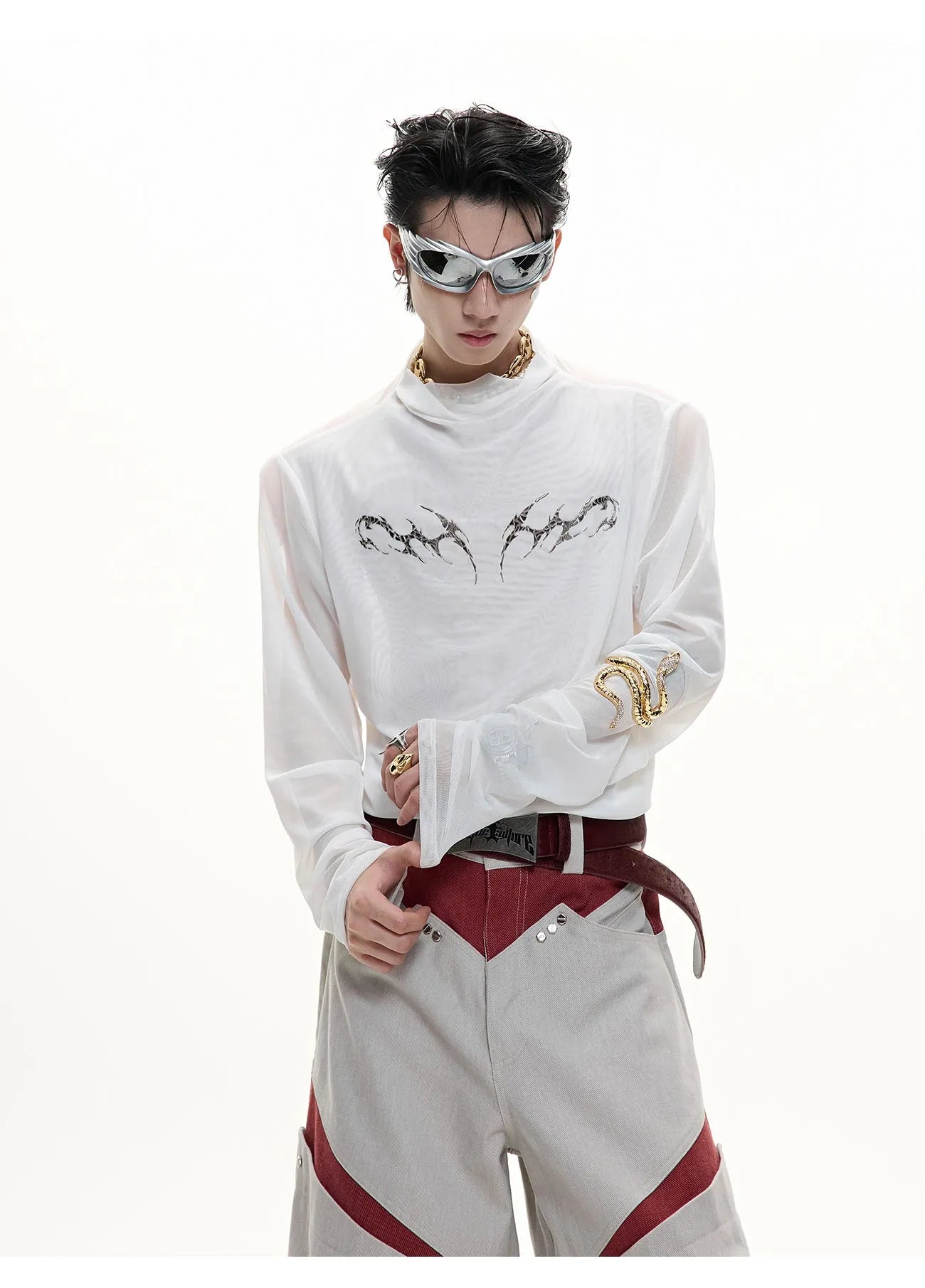 Men's black mesh bottoming shirt with long sleeves and slim fit design
