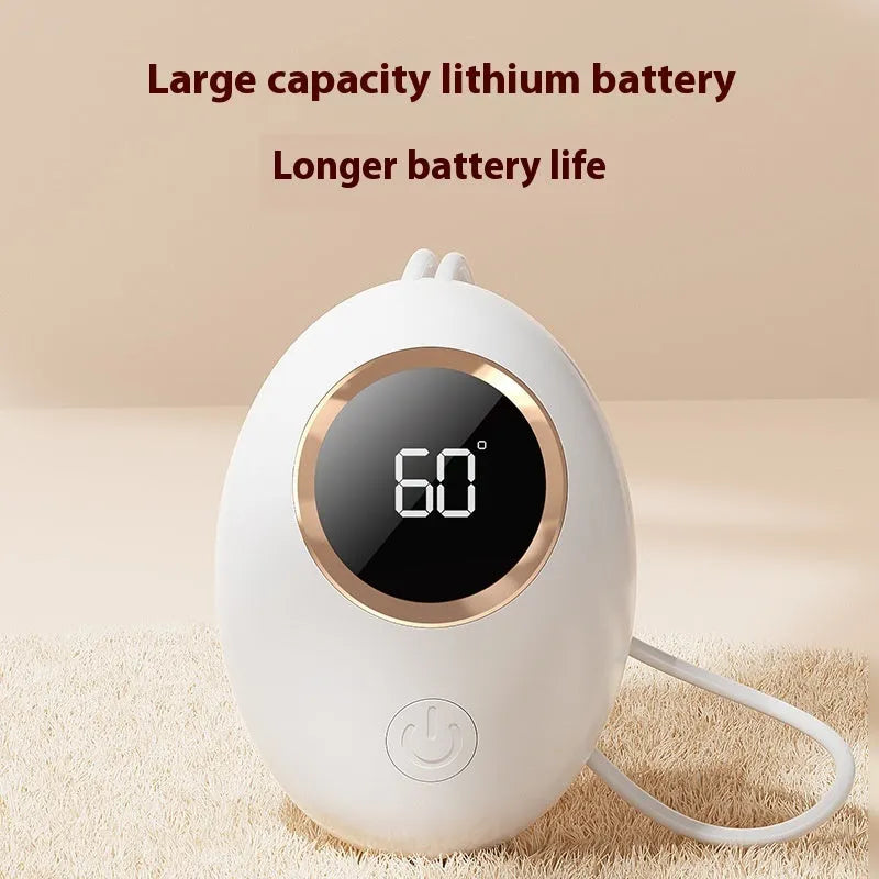 USB rechargeable hand warmer with digital display shown in pink, blue, green, and white colour options.