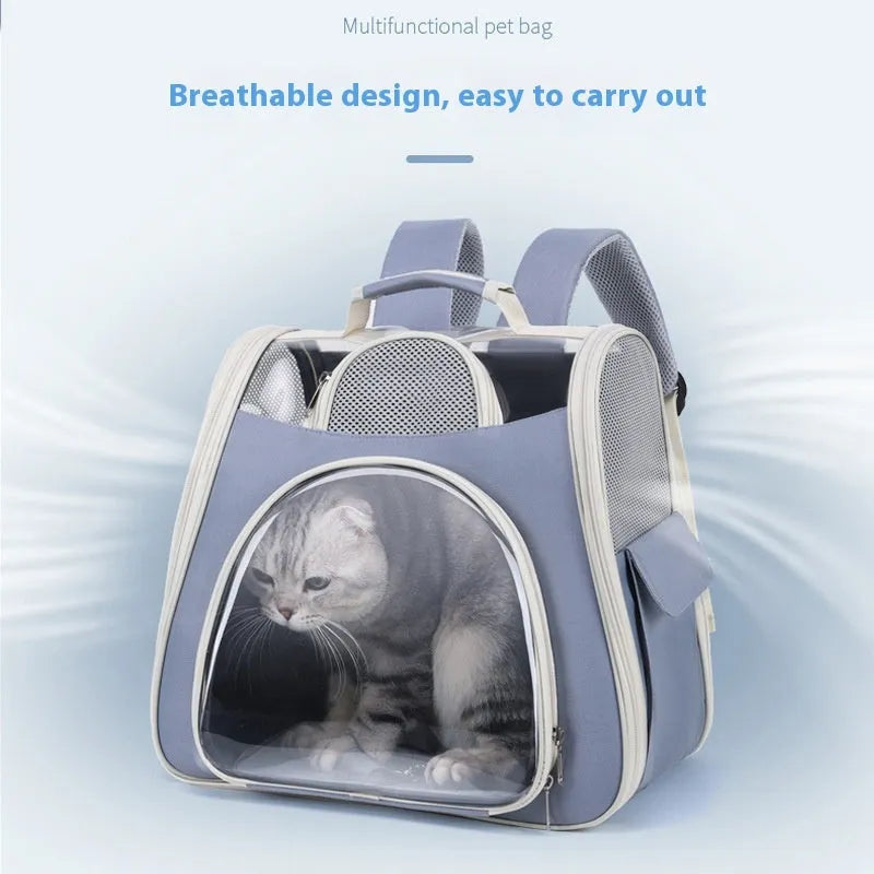 Portable foldable pet bag in blue solid colour, medium capacity, made from PU and PVC materials