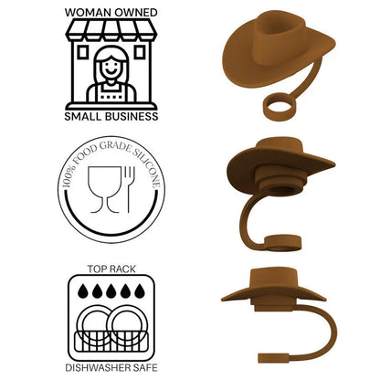 Sturdy Cowboy Hat-shaped straw covers made of food-grade silicone in vibrant colors like red, black, and brown