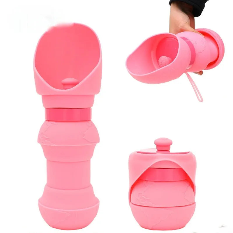 Silicone folding pet water cup shown in pink, collapsed for storage and opened for use
