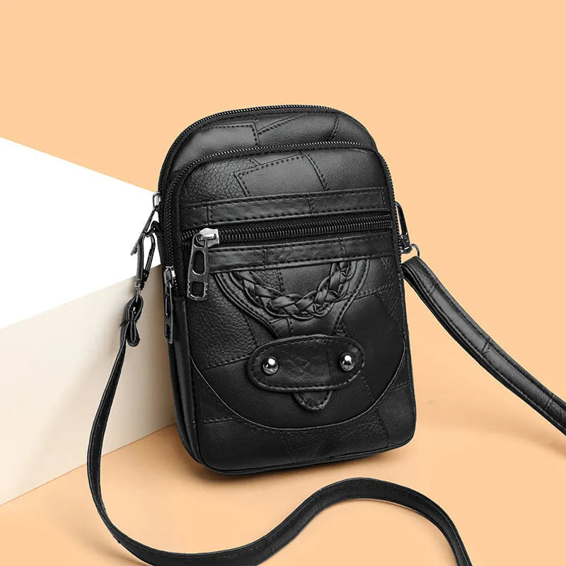 Soft PU retro mobile phone bag in vertical square shape with weaving and rivet details.