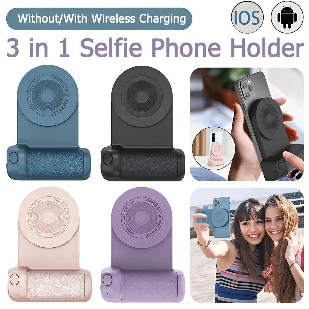 Black magnetic 3-in-1 phone camera grip and stand with ergonomic handle on a table