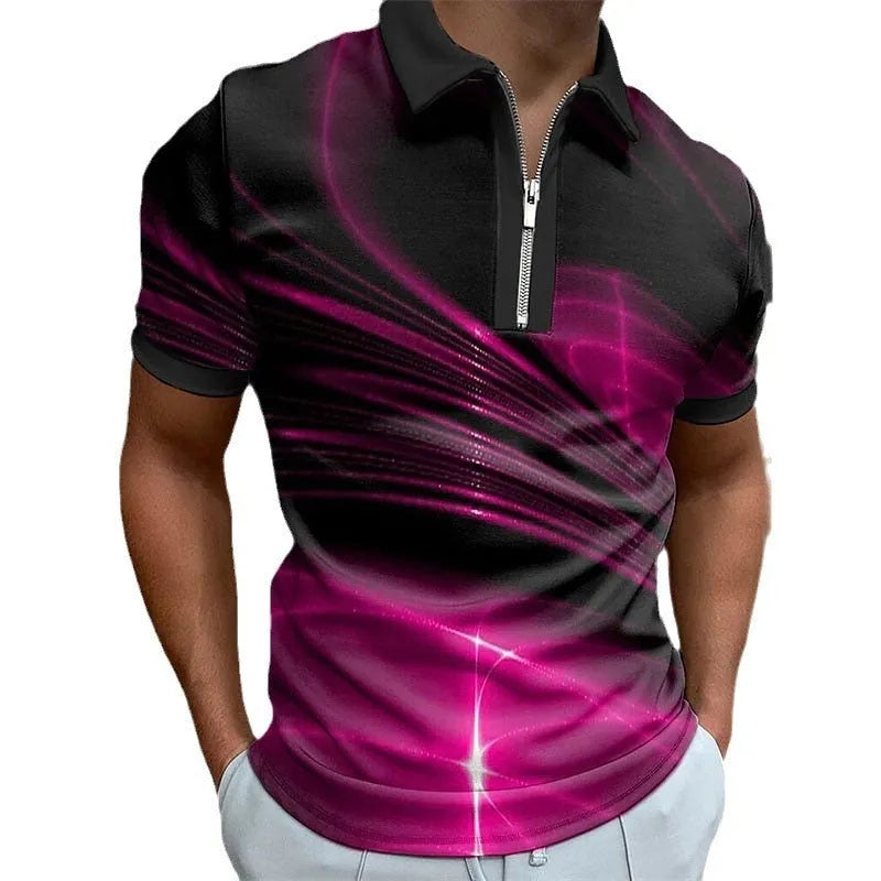 Men's blue zip-front polo shirt with lapel collar and short sleeves made from thin bird eye cloth