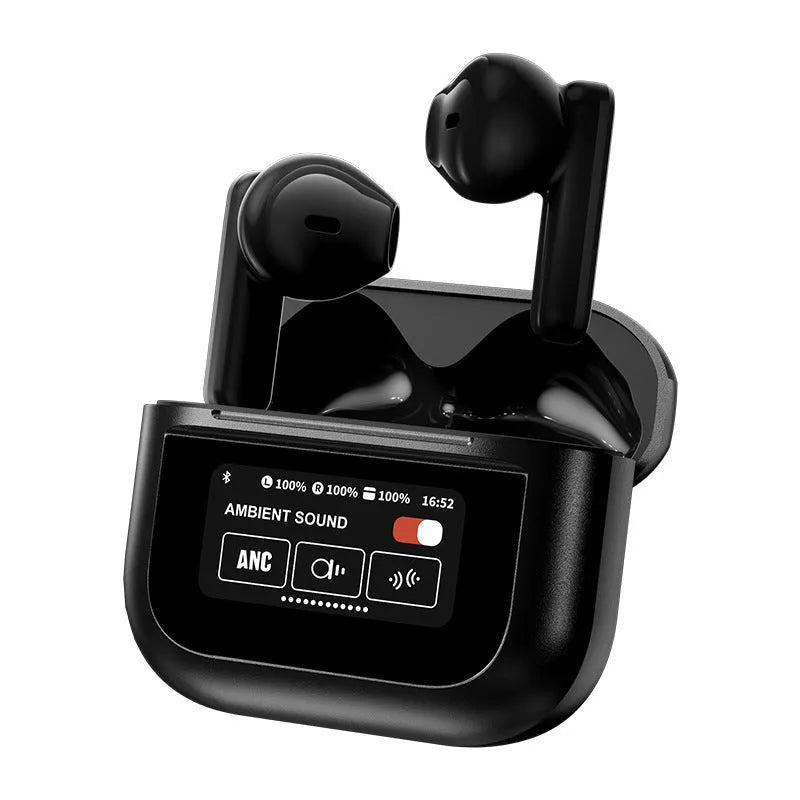 YX28 Bluetooth headset with full-colour touch screen LCD display in black or white colour with ear hook design