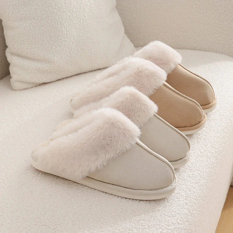 Cozy plush home slippers in a variety of colors, featuring a soft lining and non-slip sole for maximum comfort and traction