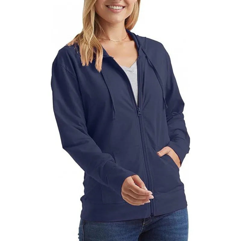 Women's solid colour loose fit pullover hoodie in dark blue, shown front view.