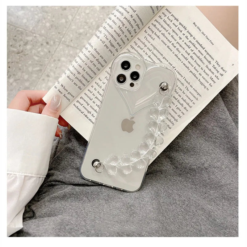 Transparent iPhone case with love bracelet chain design on clear TPU protective shell