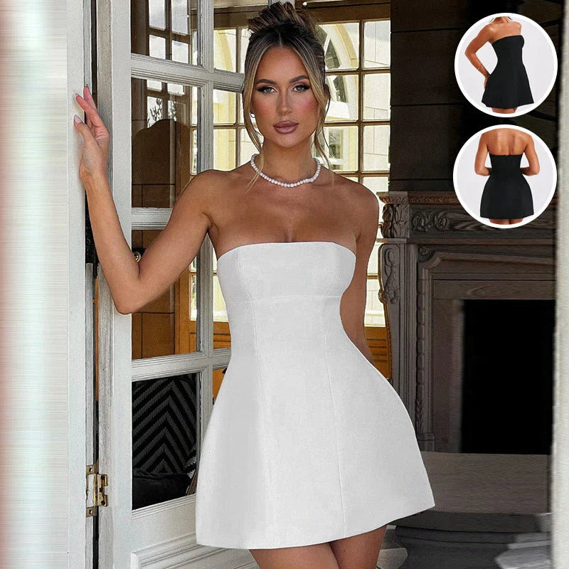 Stylish backless tube dress in a variety of colors, including black, white, and pink, showcasing a flattering A-line silhouette and premium construction.