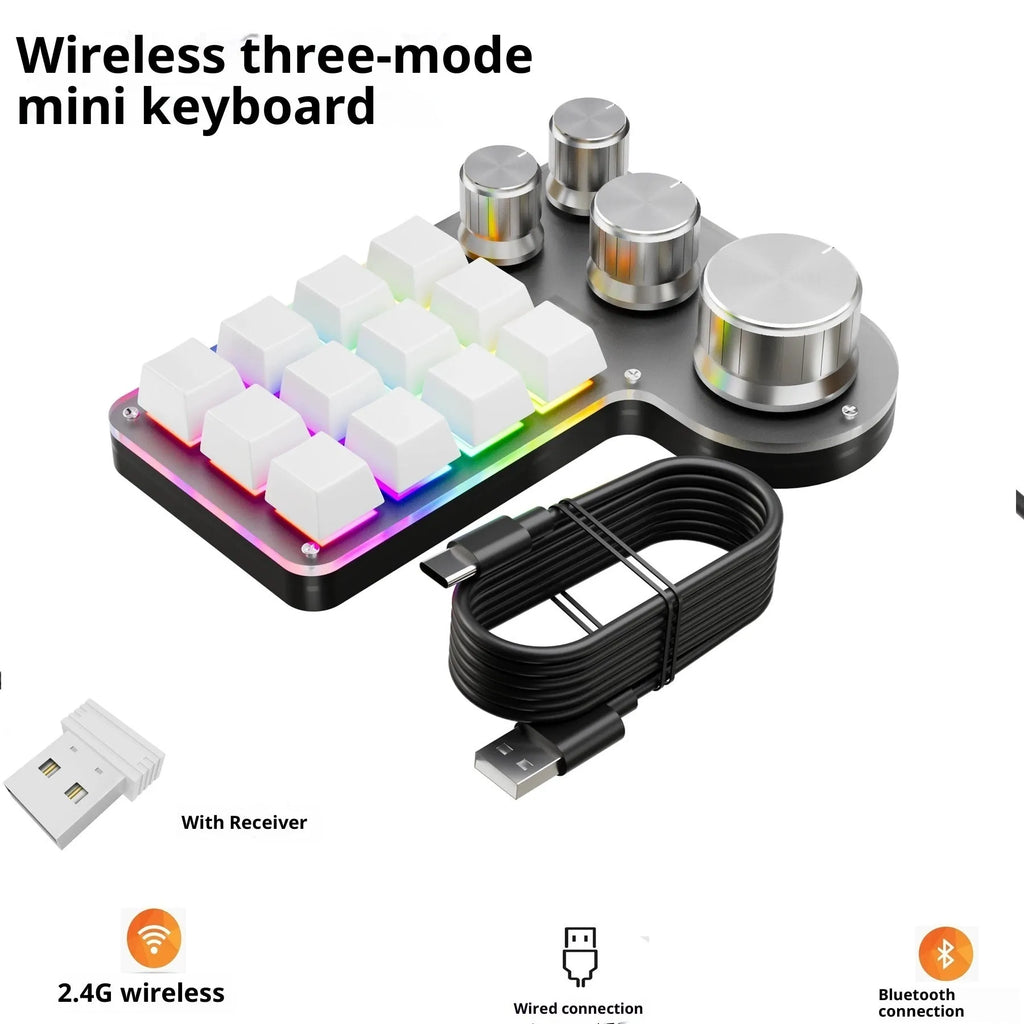 Custom mechanical keypad with 12 keys and 4 knobs, red axis switches, black housing, USB connection