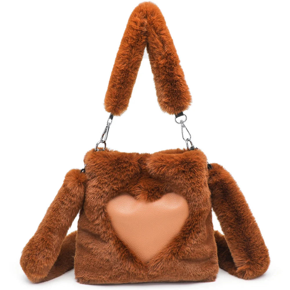 Women's fluffy plush shoulder bag with detachable straps in multiple colors
