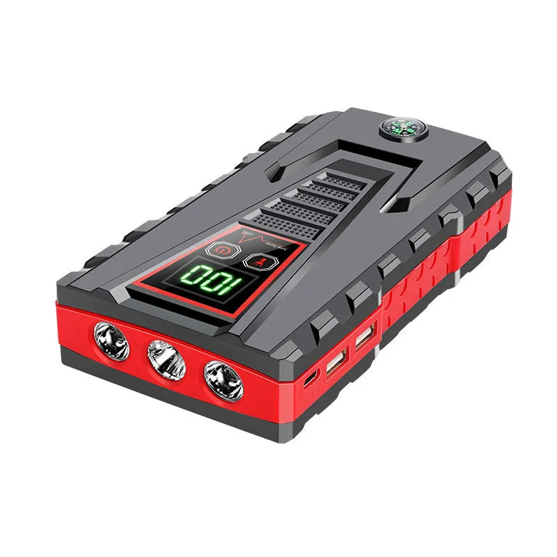 Black emergency car jump starter in toolbox style with battery clamp on side