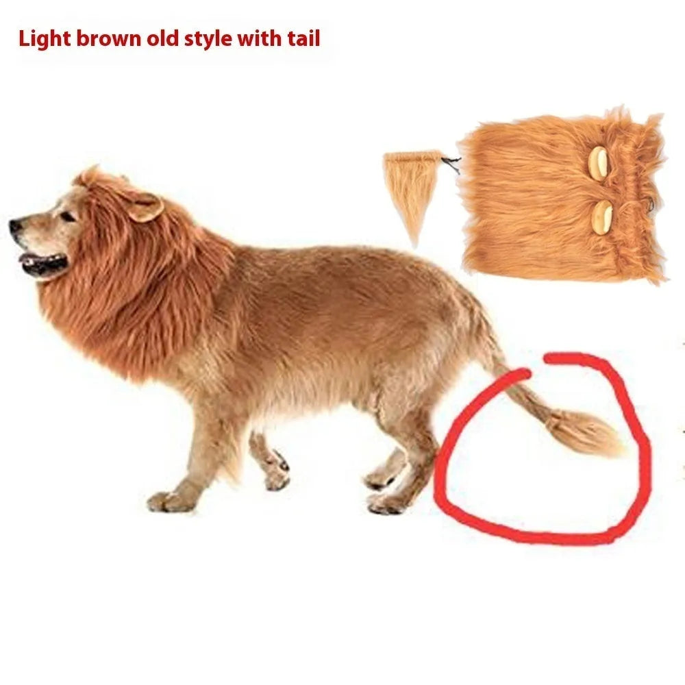 Brown dog wearing an adjustable lion mane wig costume with elastic band
