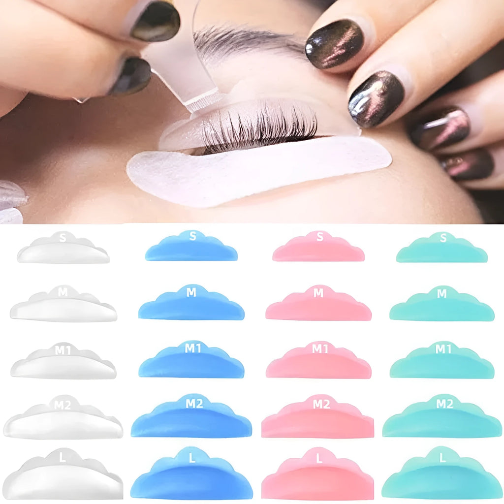 Five pairs of silicone gaskets for eyelash planting in blue, green, pink, rose red, and transparent