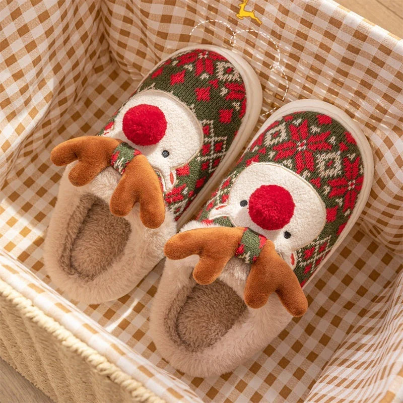 Cozy Christmas elk-themed plush slippers with non-slip soles for comfortable indoor and outdoor wear