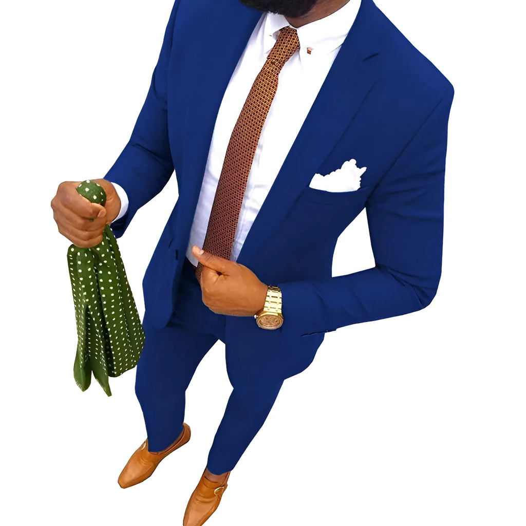 Men's two-piece cotton suit set on a hanger, available in multiple colours and extended sizes including plus sizes.