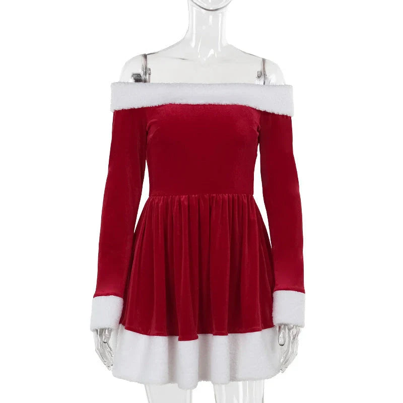 Women's festive Santa-themed dress with plush trim, off-the-shoulder design, and available in red colors