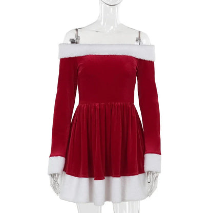 Women's Santa Dress with plush trim and off-shoulder sleeve for festive parties